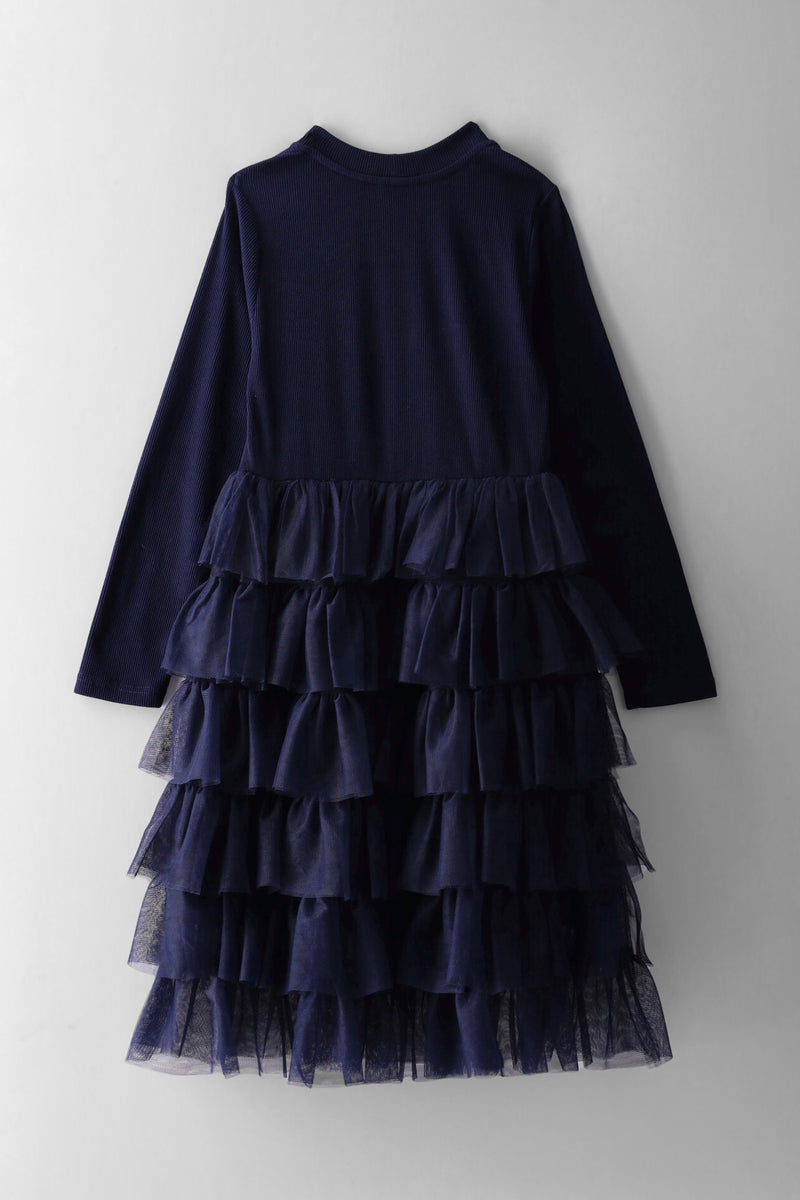 Girls Rib Combo Rara Mesh Dress - Navy