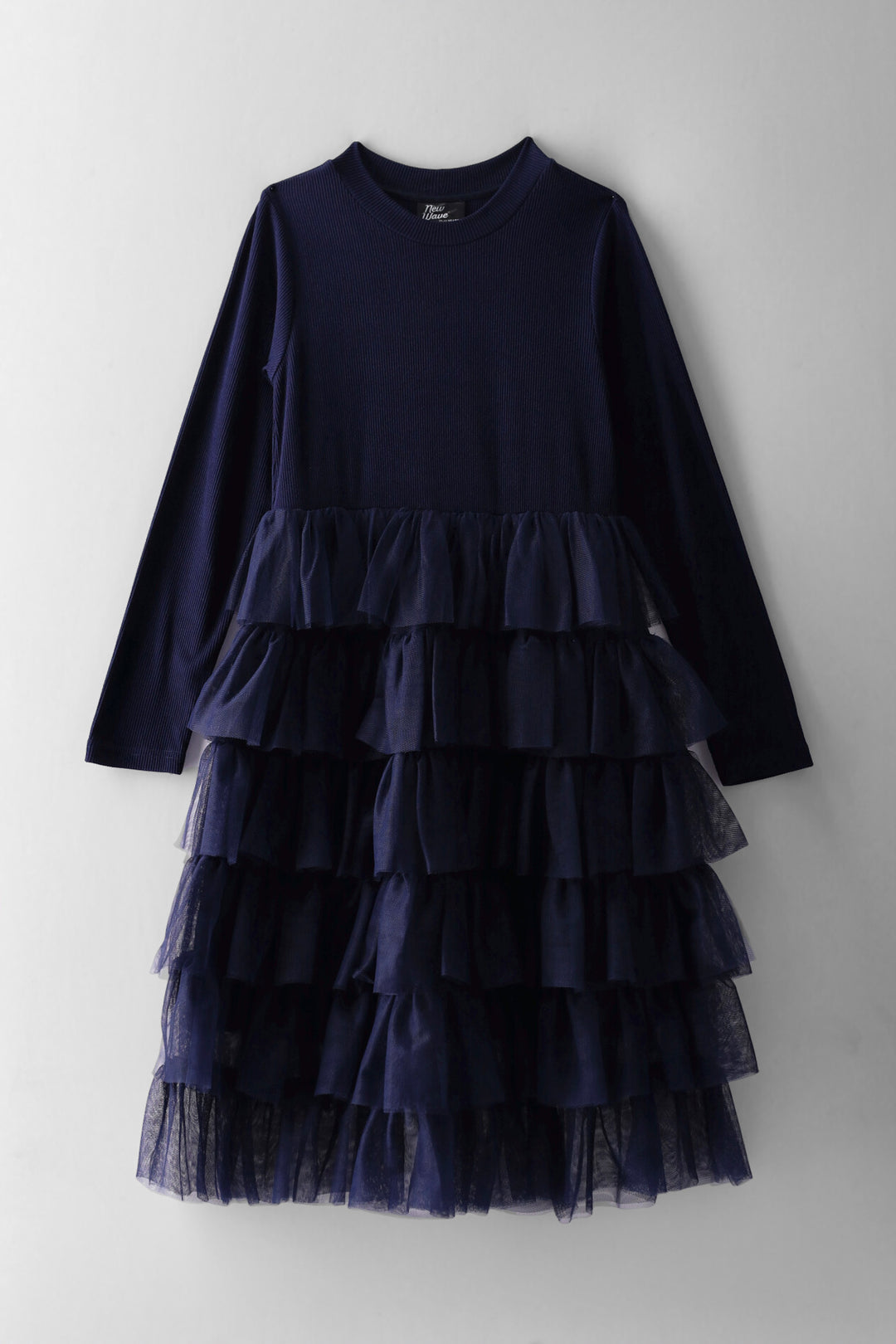 Girls Rib Combo Rara Mesh Dress - Navy