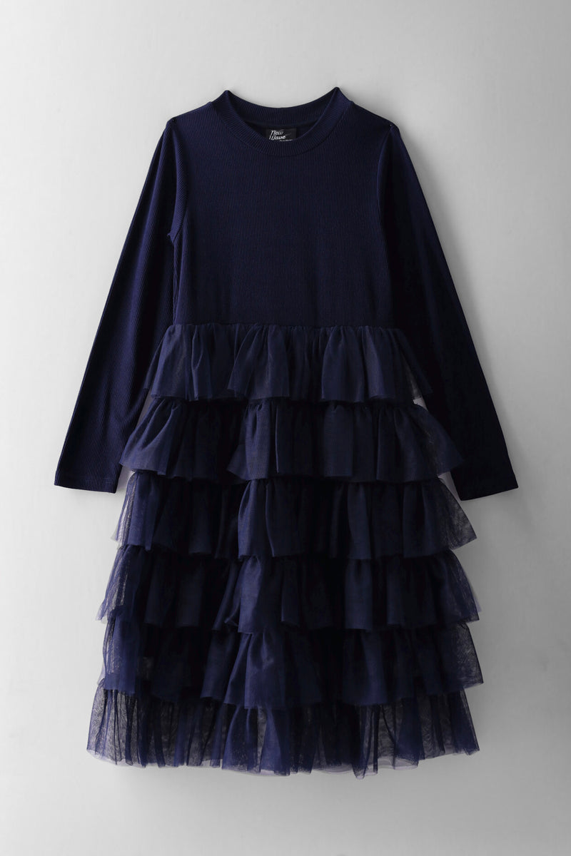Girls Rib Combo Rara Mesh Dress - Navy