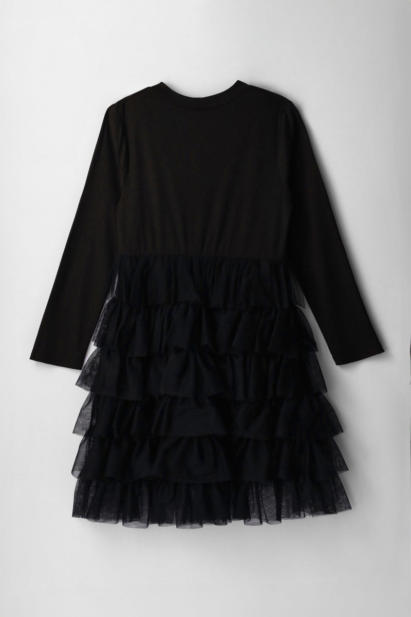 Girls Rib Combo Rara Mesh Dress - Black