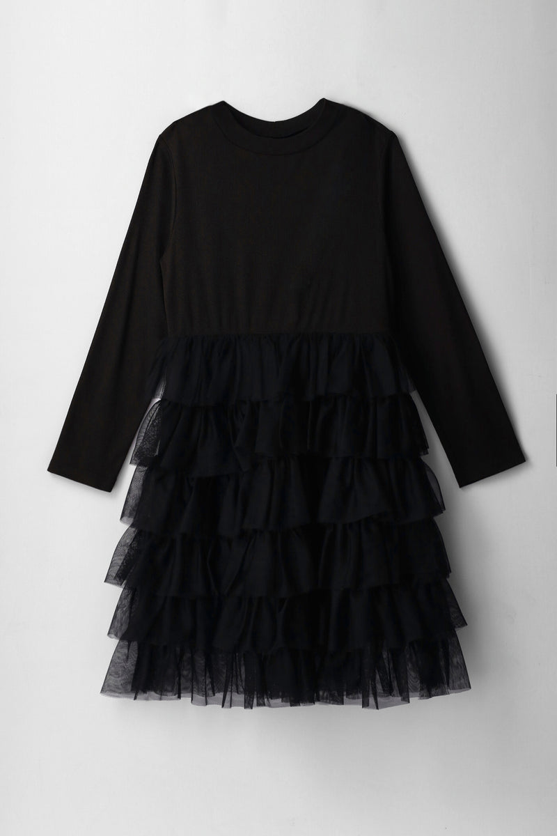 Girls Rib Combo Rara Mesh Dress - Black