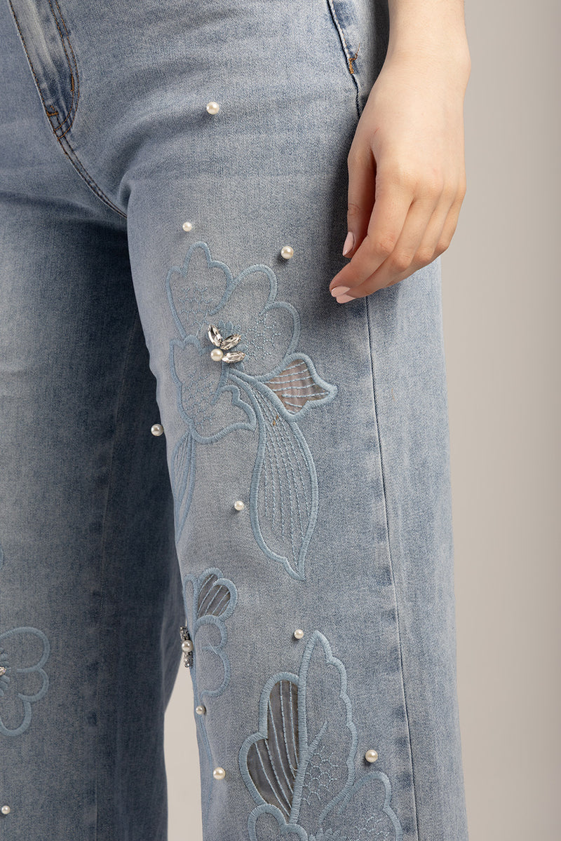 Floral Applique & Pearl Detail Mid Waisted Wide Leg Jean- Light Wash