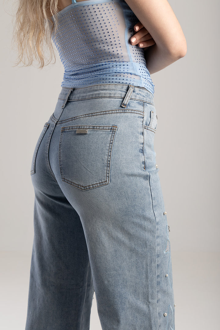 Floral Applique & Pearl Detail Mid Waisted Wide Leg Jean- Light Wash