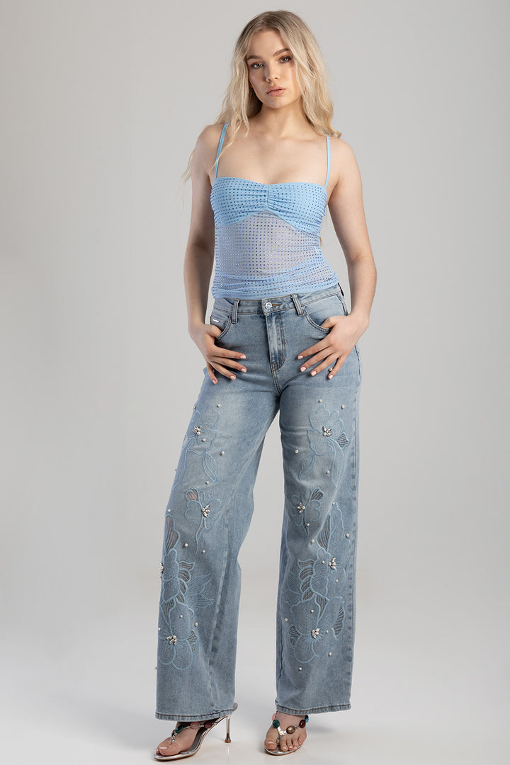 Floral Applique & Pearl Detail Mid Waisted Wide Leg Jean- Light Wash