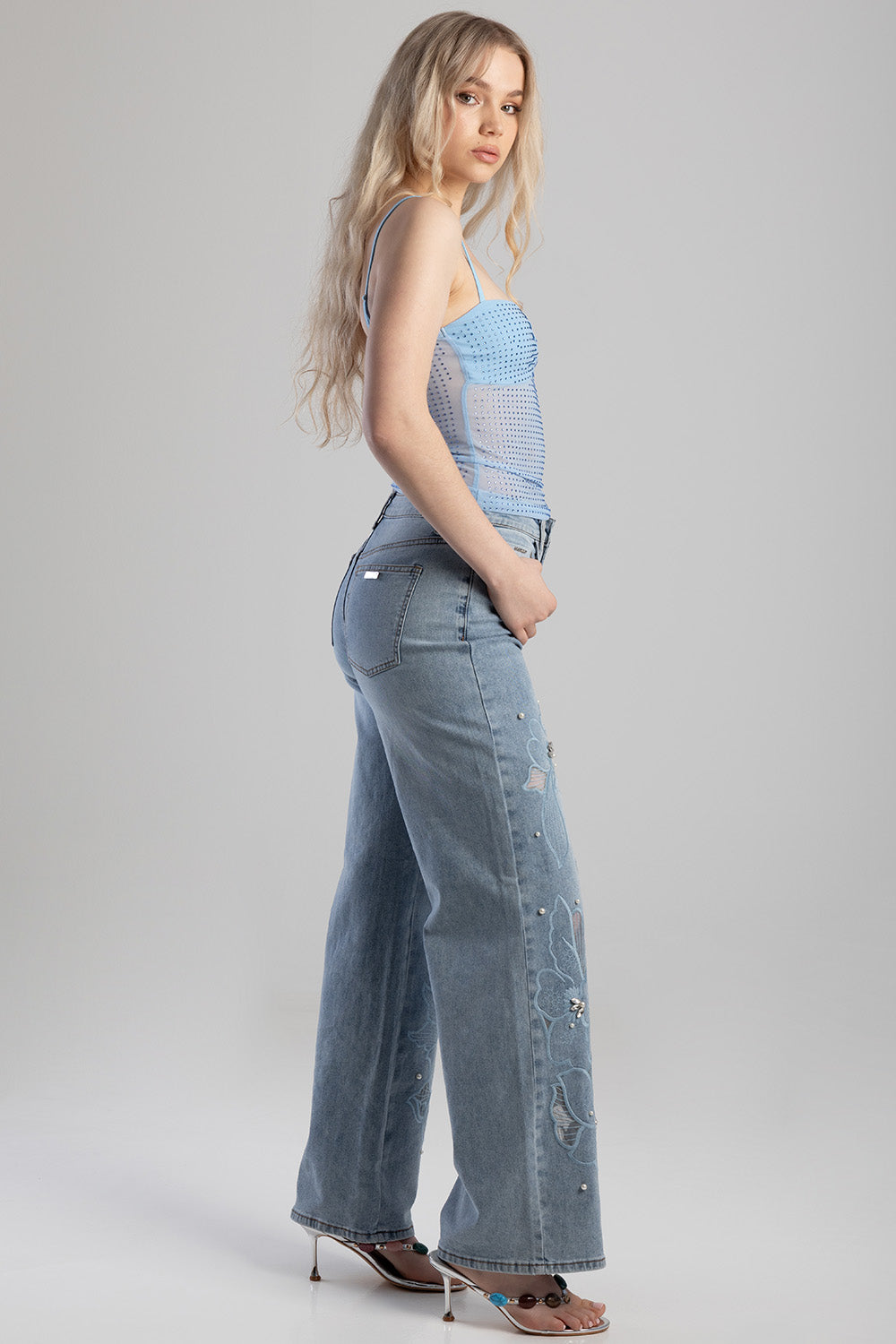Floral Applique & Pearl Detail Mid Waisted Wide Leg Jean- Light Wash