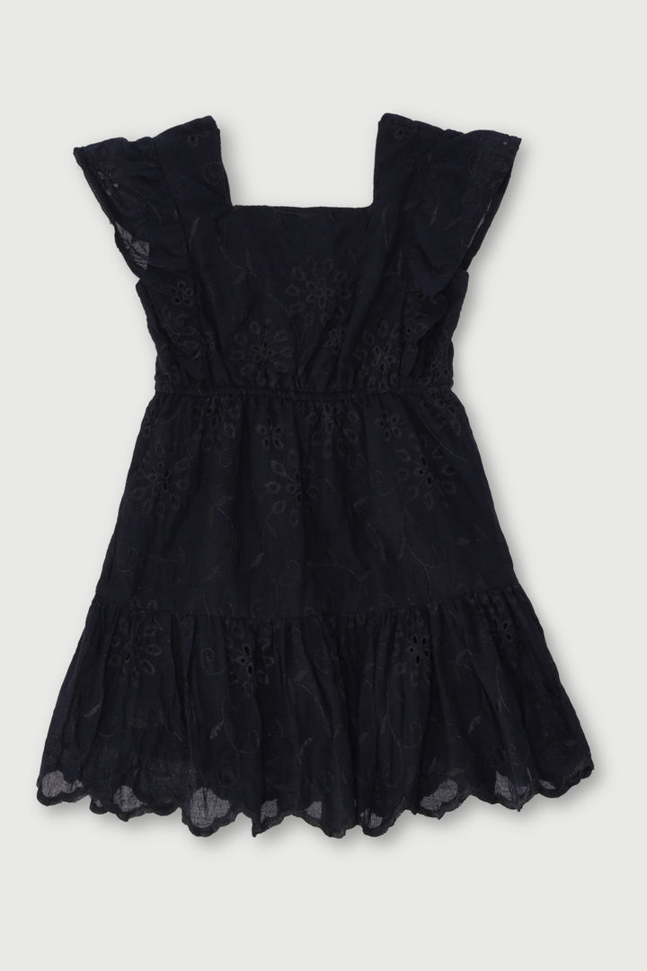 Pre-Girls Flutter Sleeve Anglaise Tiered Dress - Black
