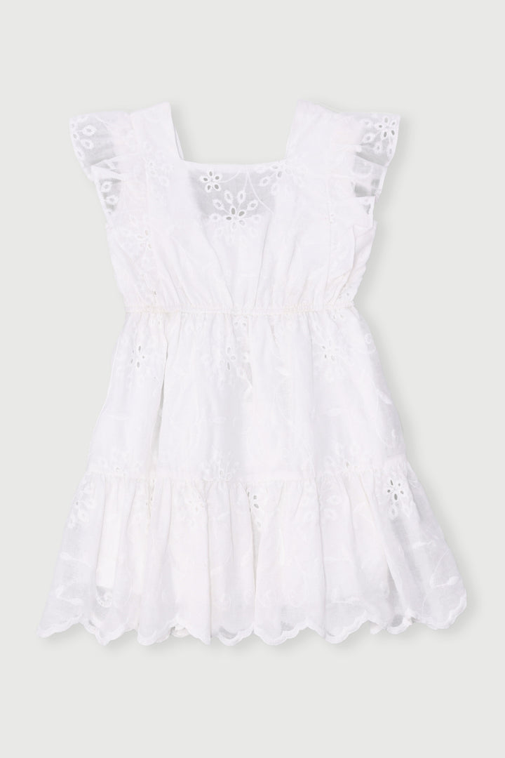 Pre-Girls Flutter Sleeve Anglaise Tiered Dress - White