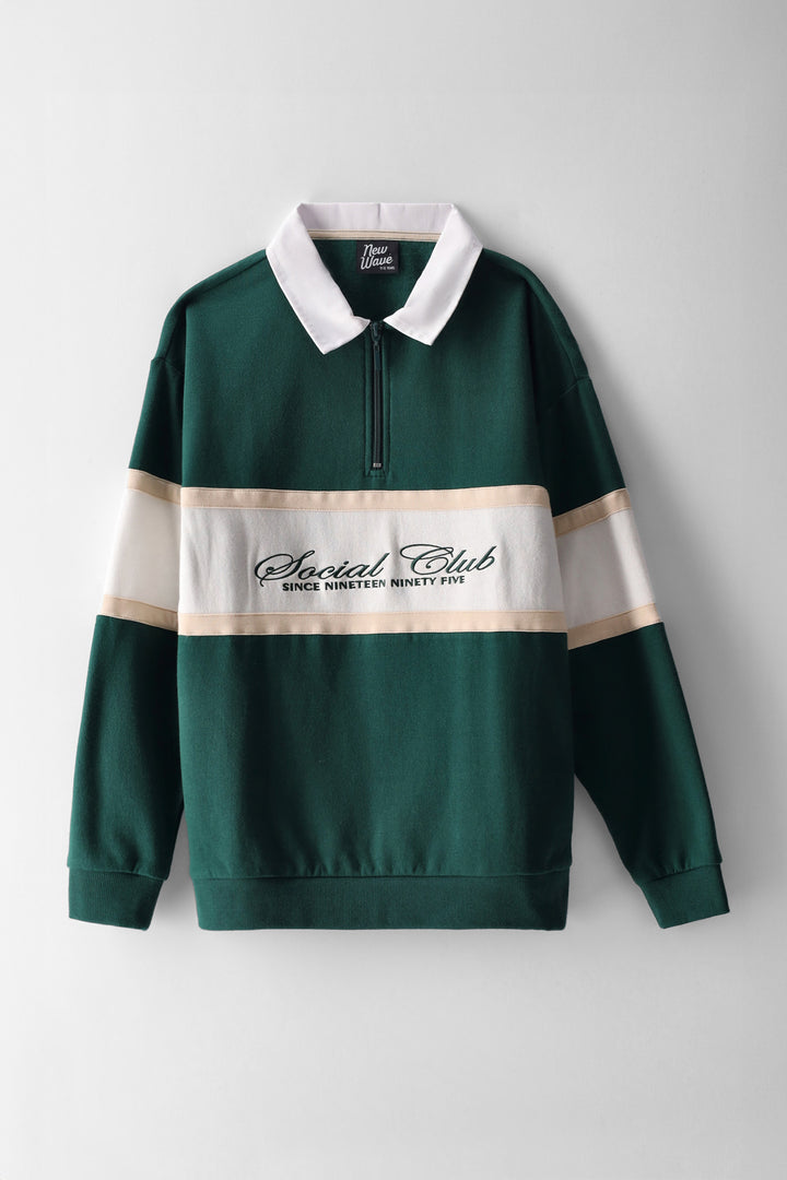 Boys Quarter Zip Stripe Rugby Fleece Top - Green