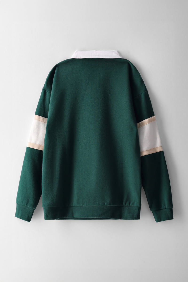 Boys Quarter Zip Stripe Rugby Fleece Top - Green