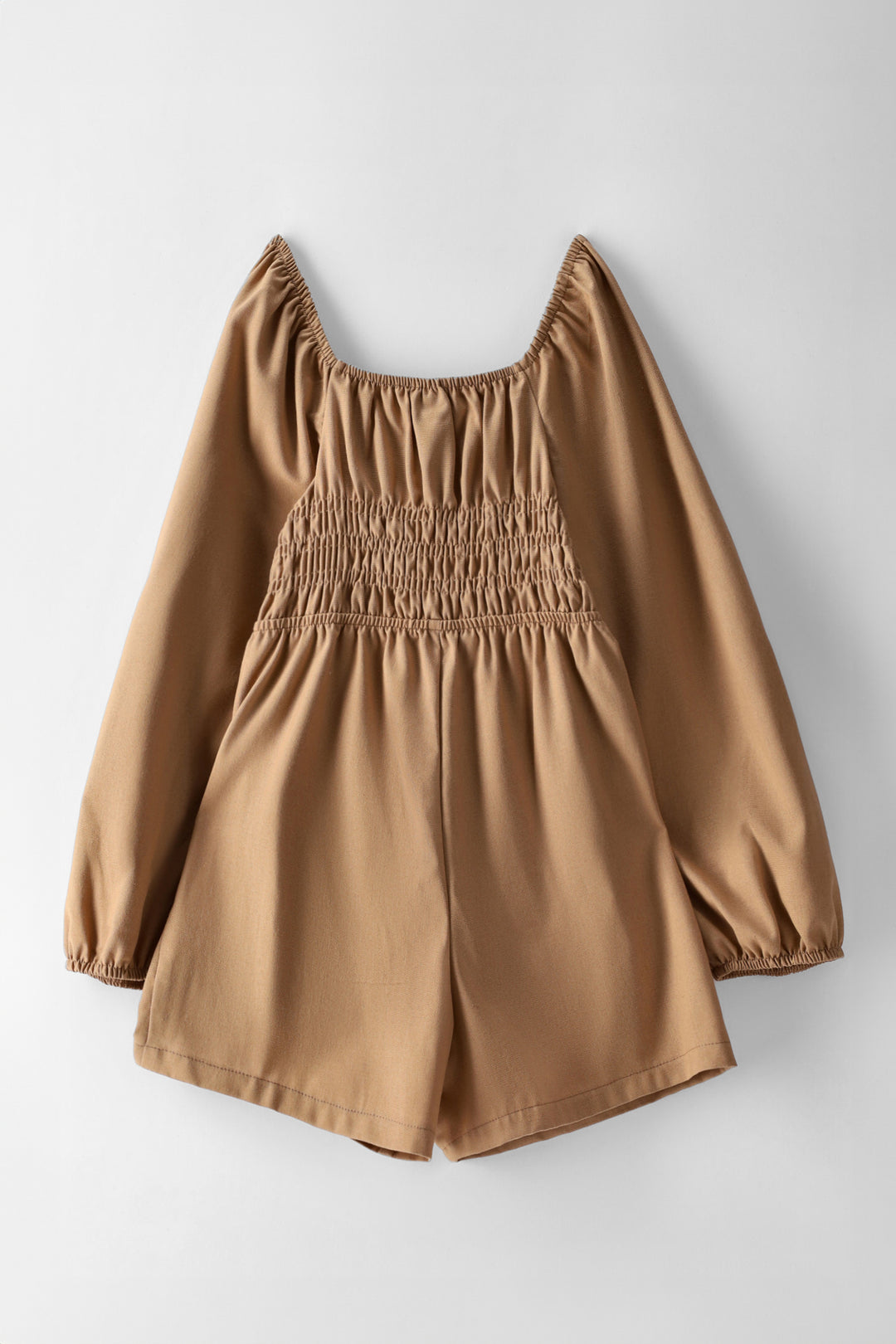 Girls Long Sleeve Shirred Bodice Jumpsuit - Dark Stone