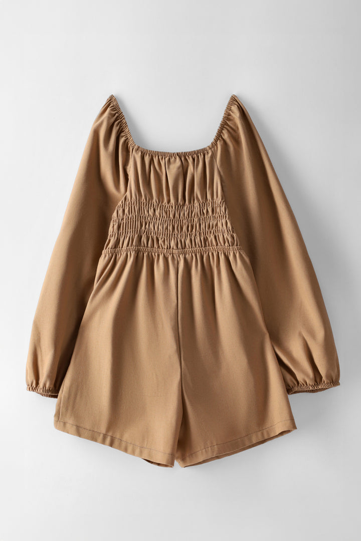 Girls Long Sleeve Shirred Bodice Jumpsuit - Dark Stone