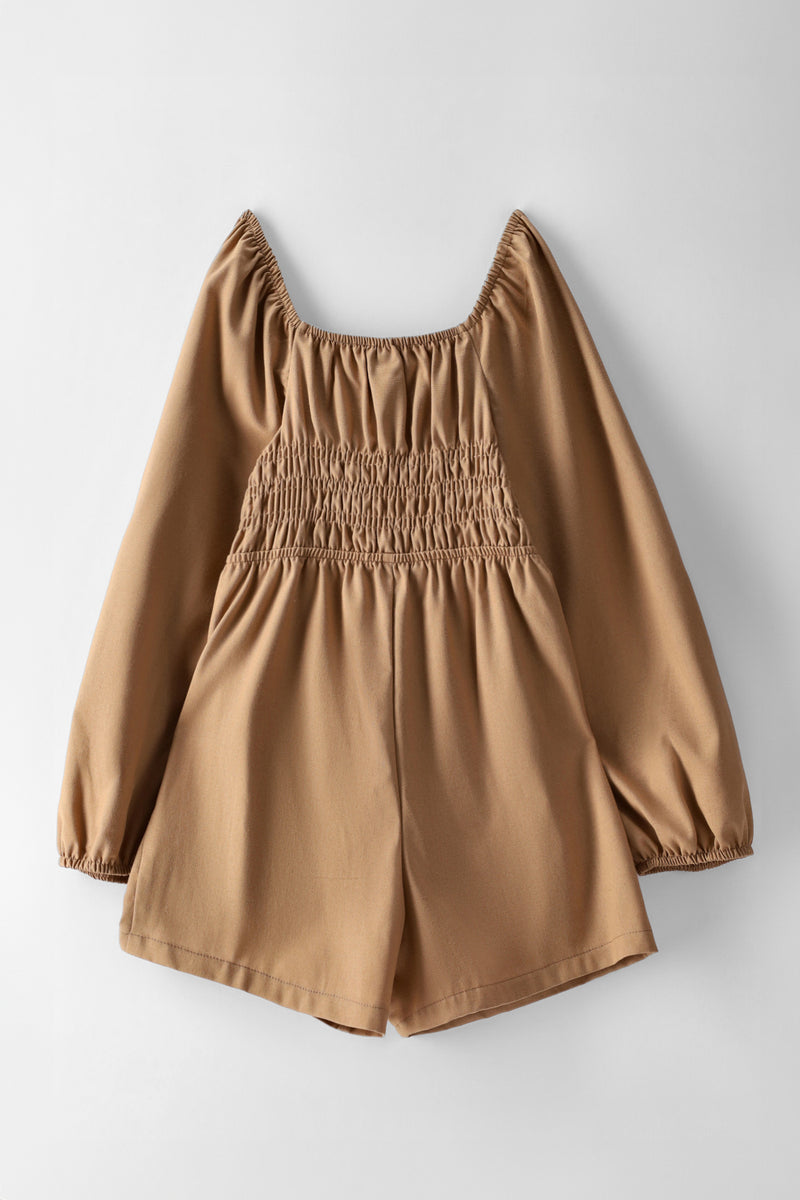 Girls Long Sleeve Shirred Bodice Jumpsuit - Dark Stone