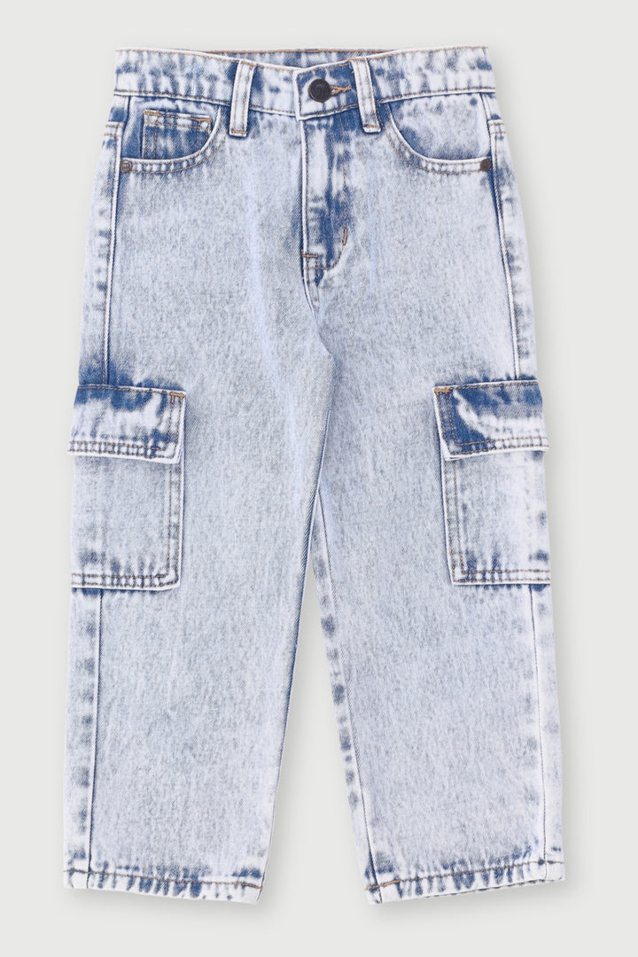 Pre-Boys Loose Fit Cargo Denim - Light Blue