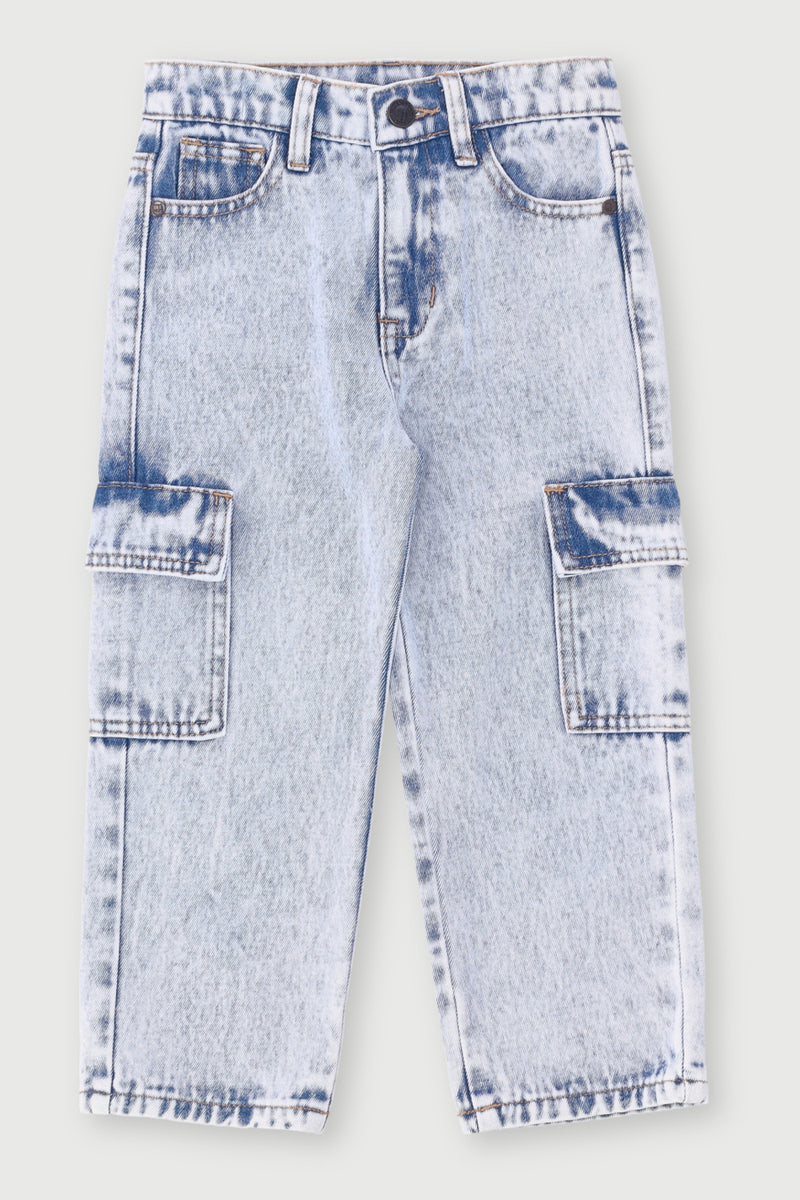 Pre-Boys Loose Fit Cargo Denim - Light Blue