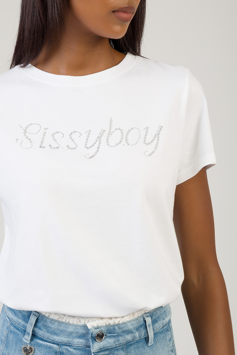 All Eyes On You: Regular T-Shirt With Stud & Bling - White