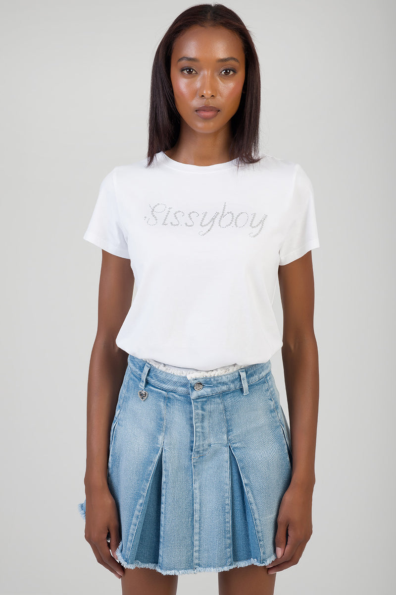 All Eyes On You: Regular T-Shirt With Stud & Bling - White