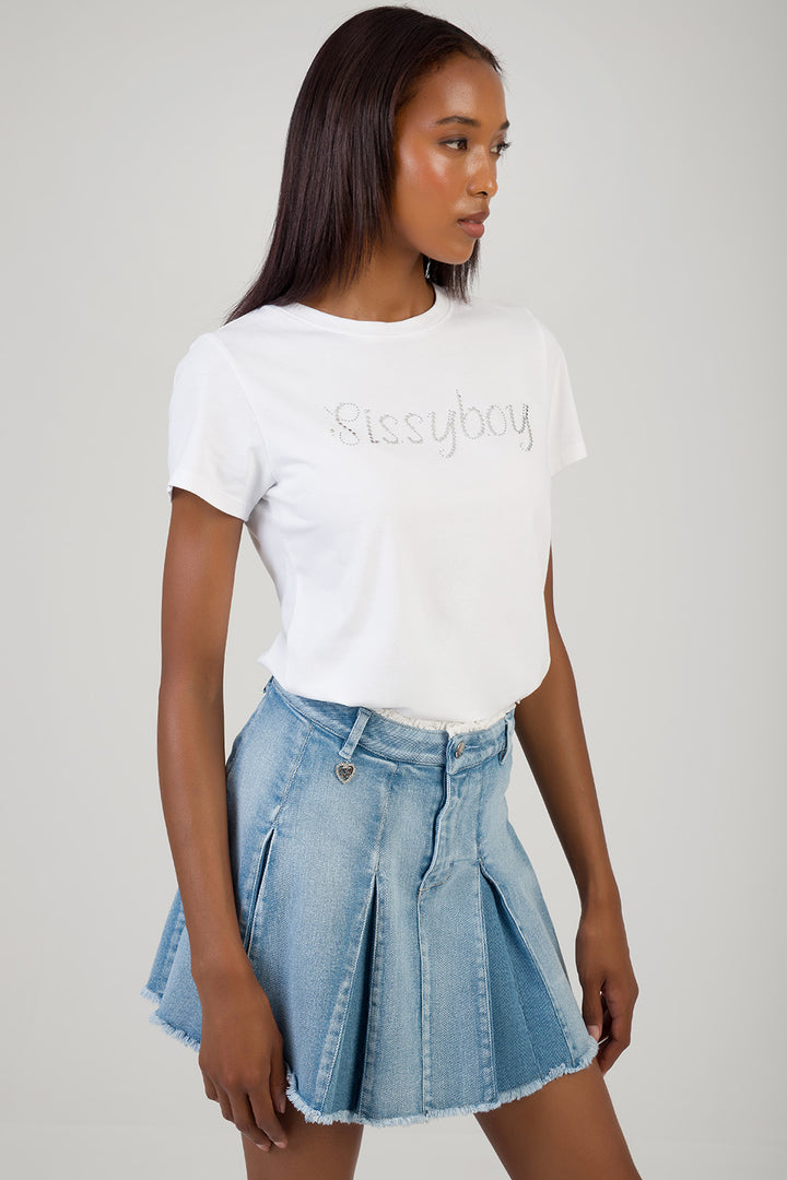 All Eyes On You: Regular T-Shirt With Stud & Bling - White