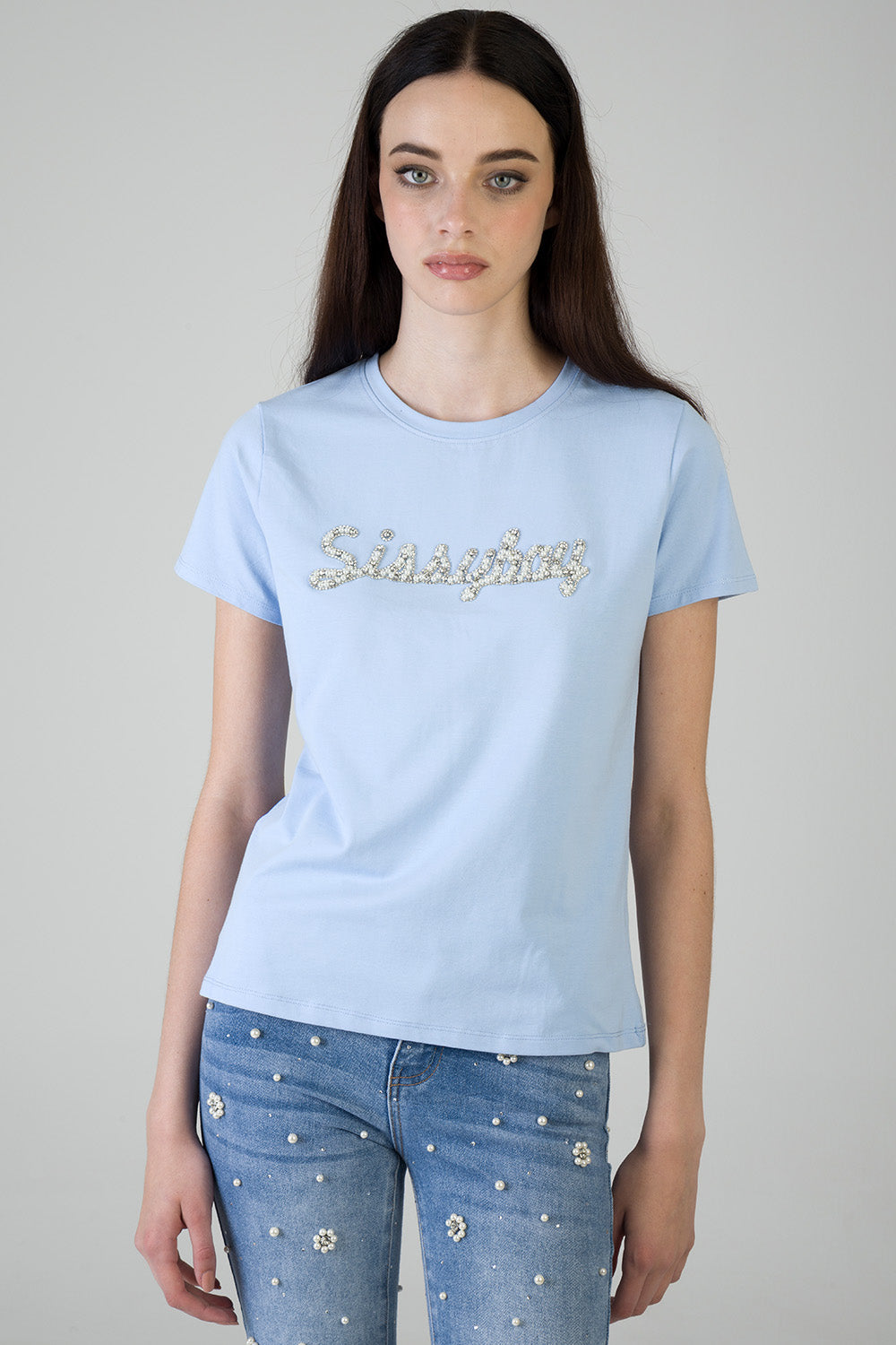 Keep It Cool: Regualr T-Shirt With Raised Pearl - Blue