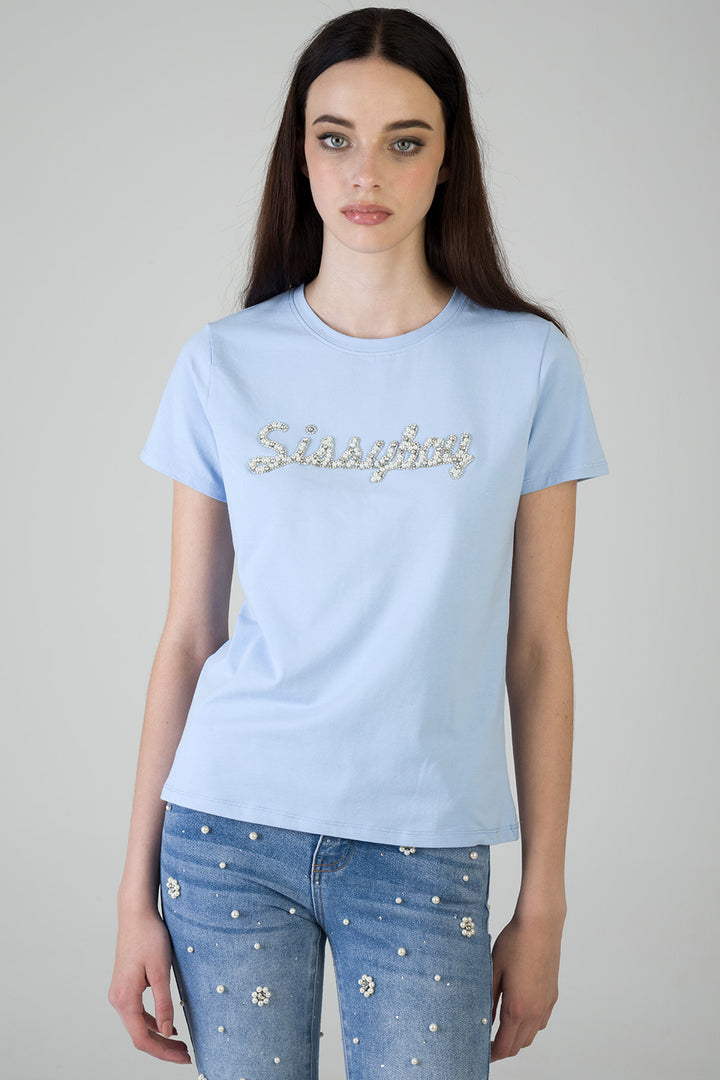 Keep It Cool: Regualr T-Shirt With Raised Pearl - Blue