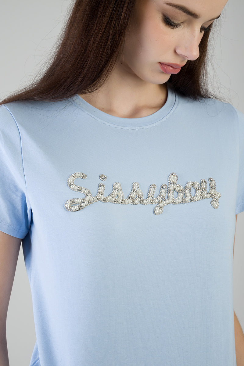Keep It Cool: Regualr T-Shirt With Raised Pearl - Blue