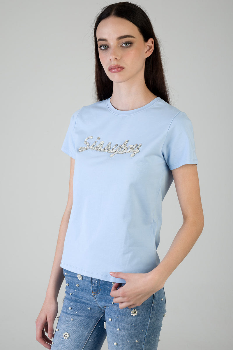 Keep It Cool: Regualr T-Shirt With Raised Pearl - Blue