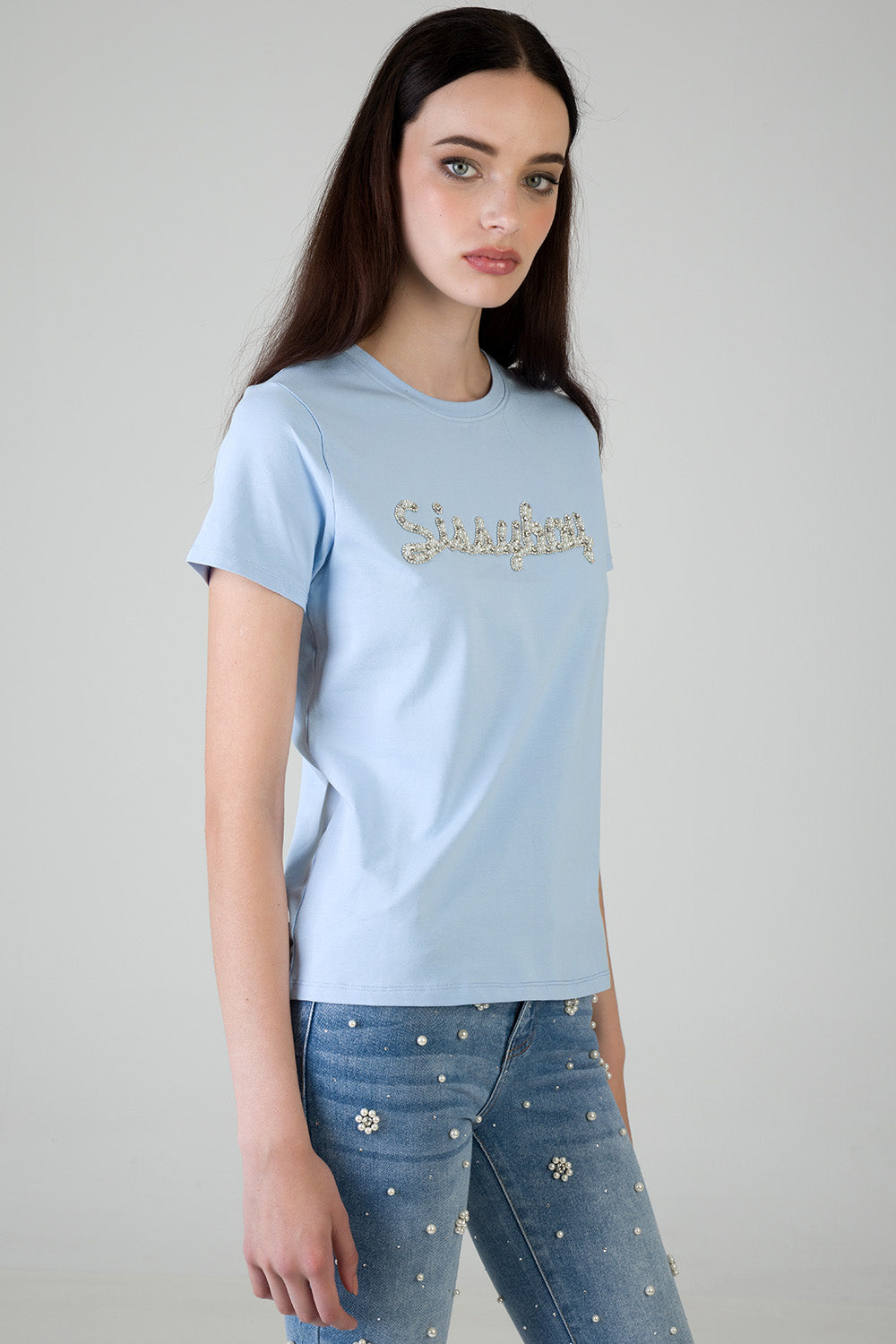 Keep It Cool: Regualr T-Shirt With Raised Pearl - Blue