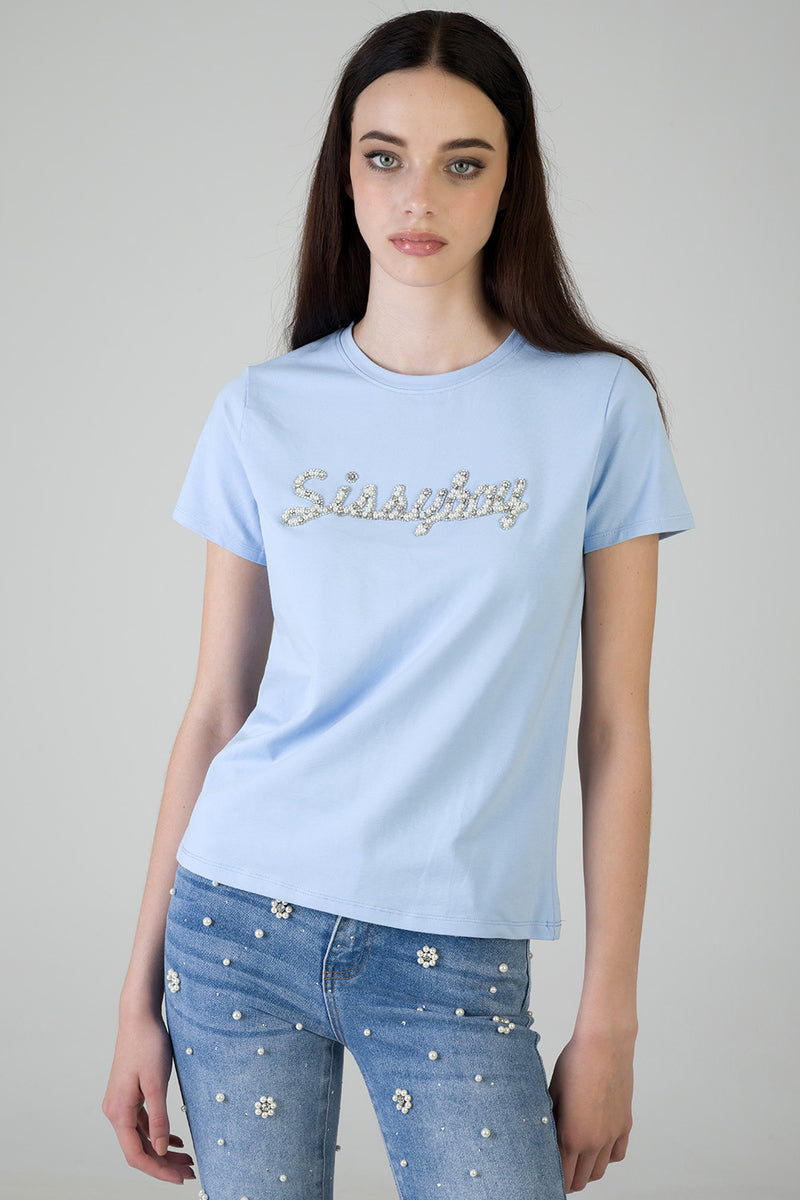 Keep It Cool: Regualr T-Shirt With Raised Pearl - Blue