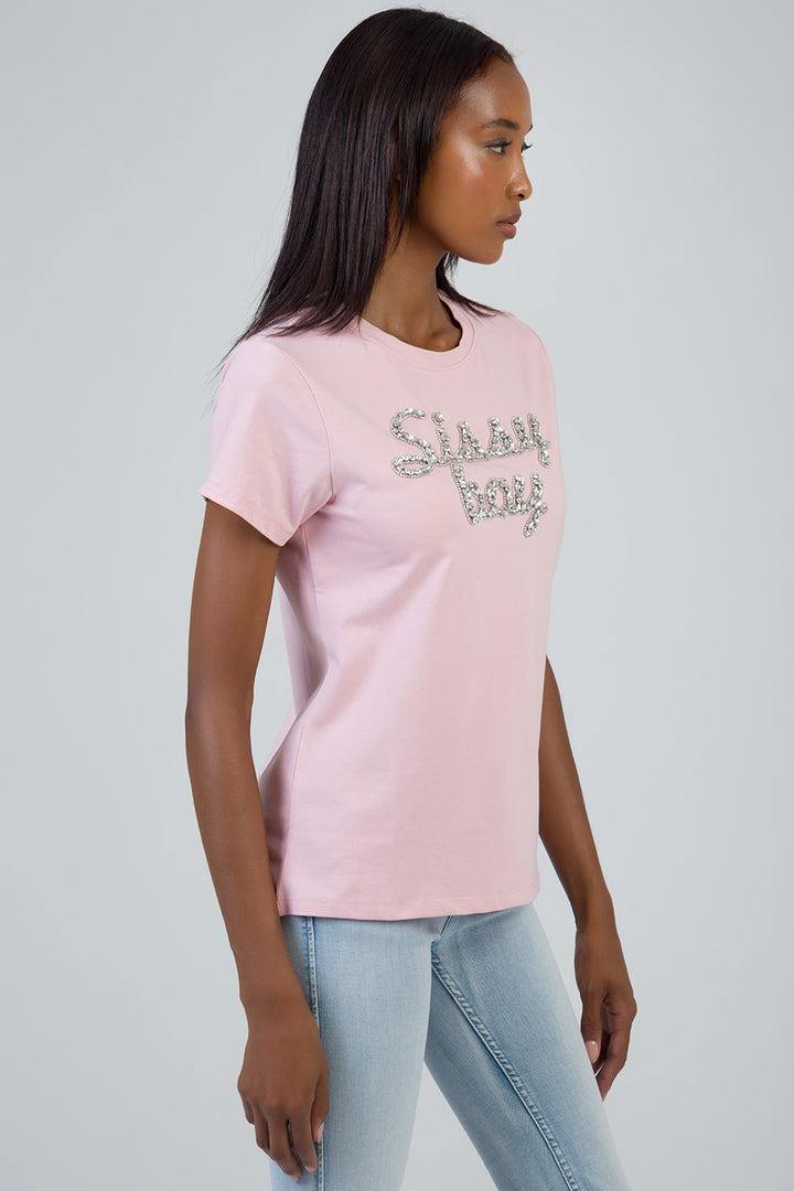 Glow On: Regualr T-Shirt With Raised Bling Logo - Pink