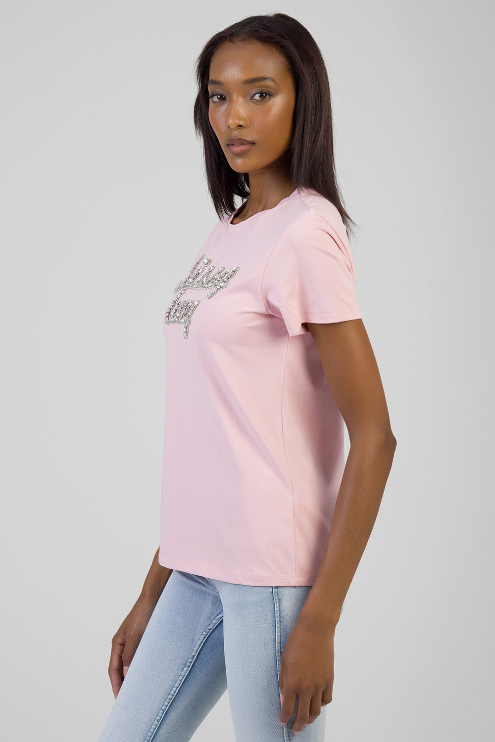 Glow On: Regualr T-Shirt With Raised Bling Logo - Pink