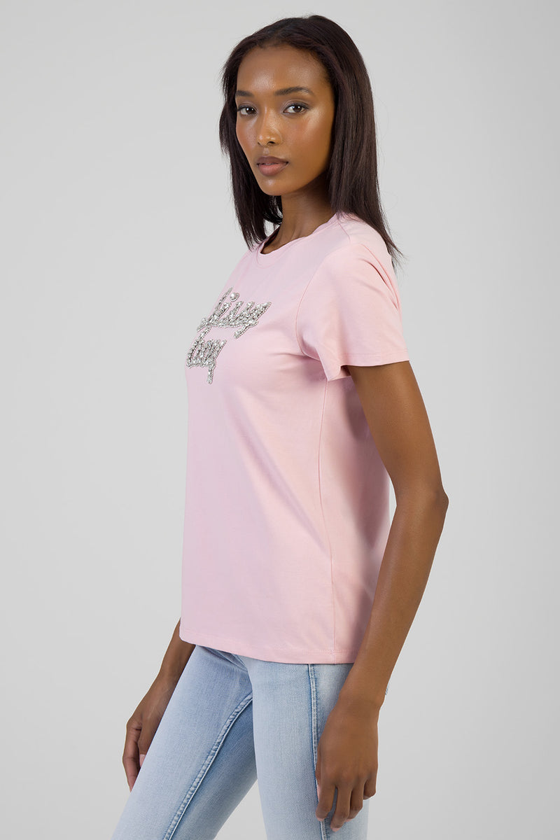Glow On: Regualr T-Shirt With Raised Bling Logo - Pink