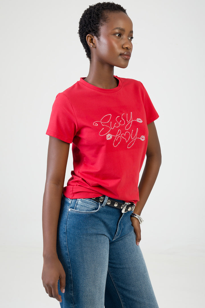 Chase It: Regular T-Shirt With Bling Logo - Red