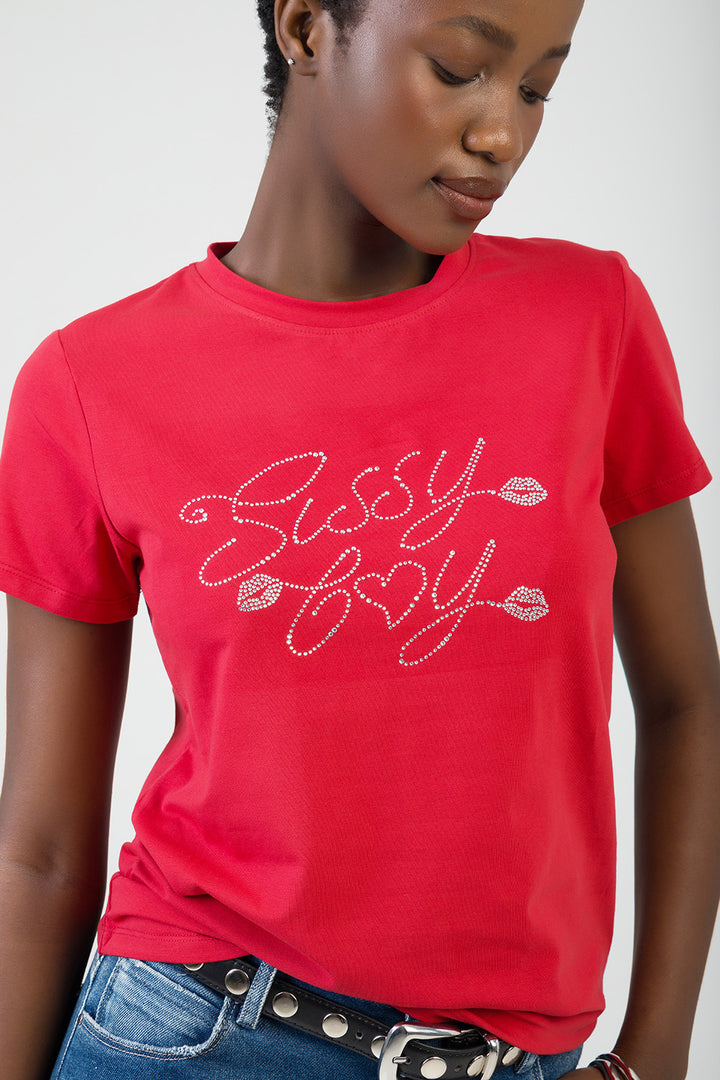 Chase It: Regular T-Shirt With Bling Logo - Red