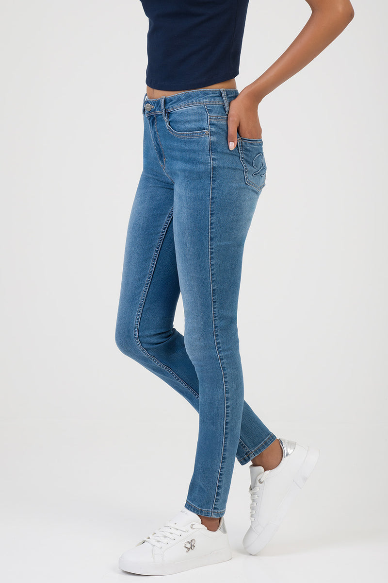 Elana Embossed Logo Mid Waist Skinny Denim - Med Wash