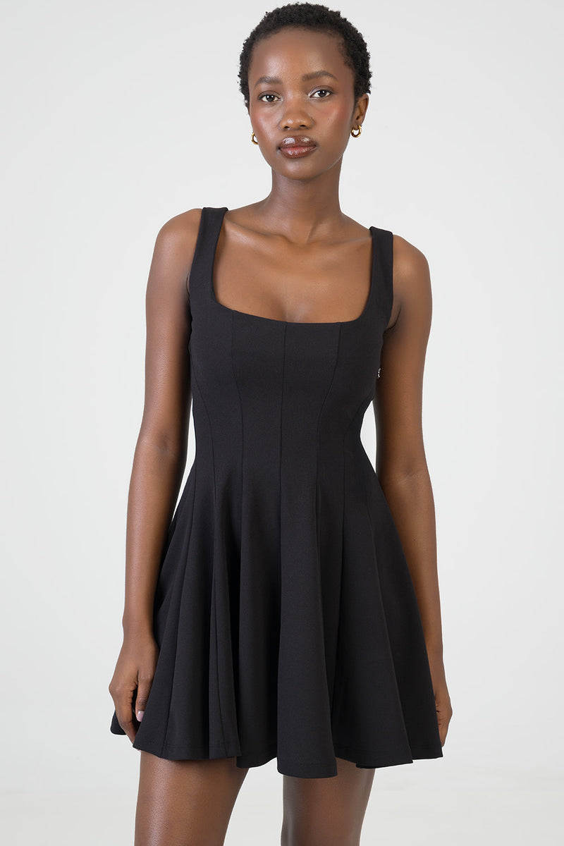 Scoop Neckline Fit & Flare Mini Dress - Black