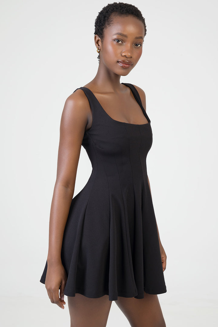Scoop Neckline Fit & Flare Mini Dress - Black