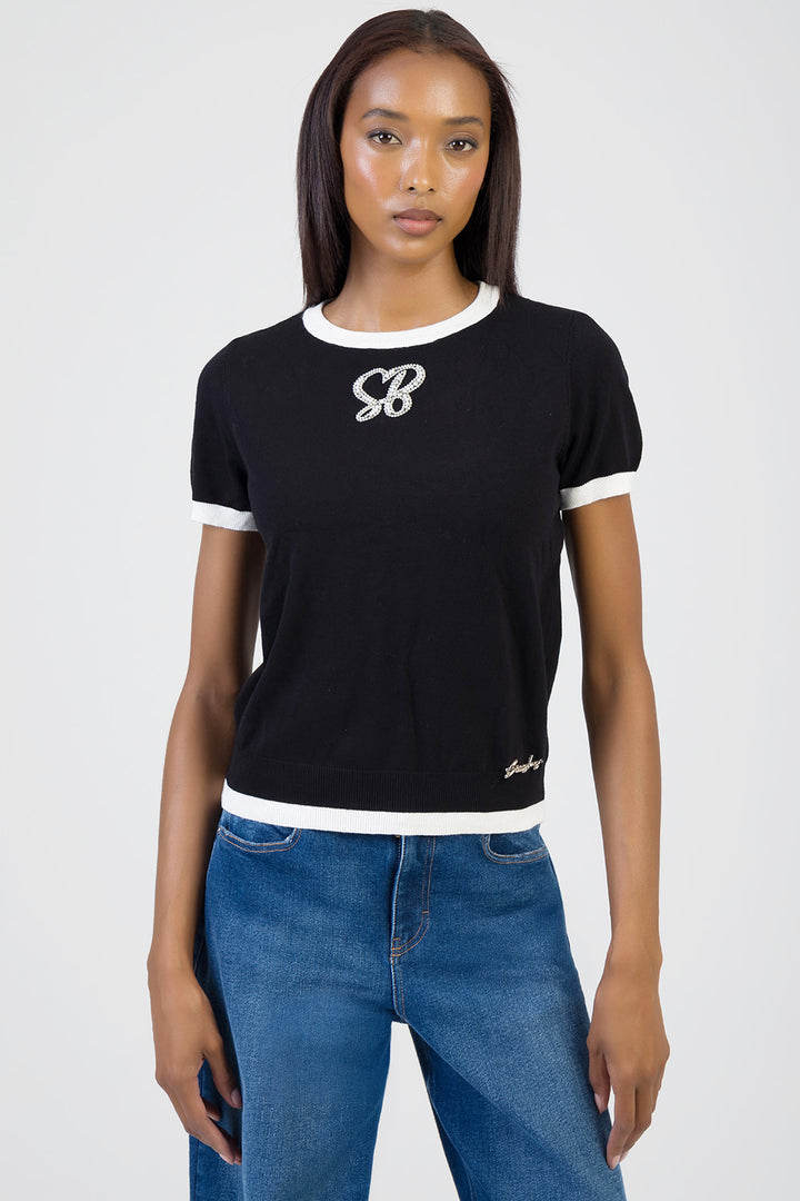 New Obsession Short Sleeve Knitwear Bling Top - Black