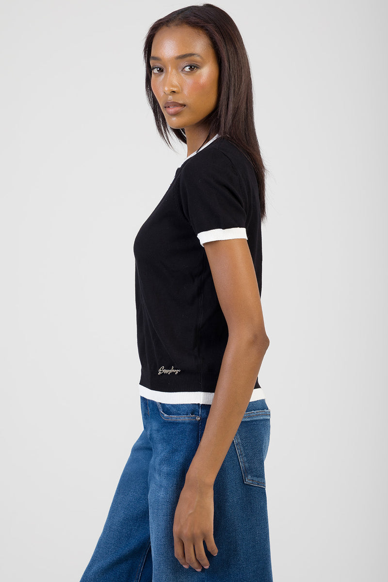 New Obsession Short Sleeve Knitwear Bling Top - Black