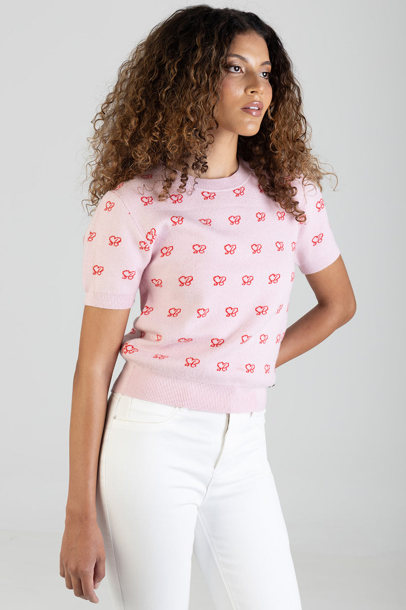 Stolen Hearts Short Sleeve Knitwear Top With Logo - Pink