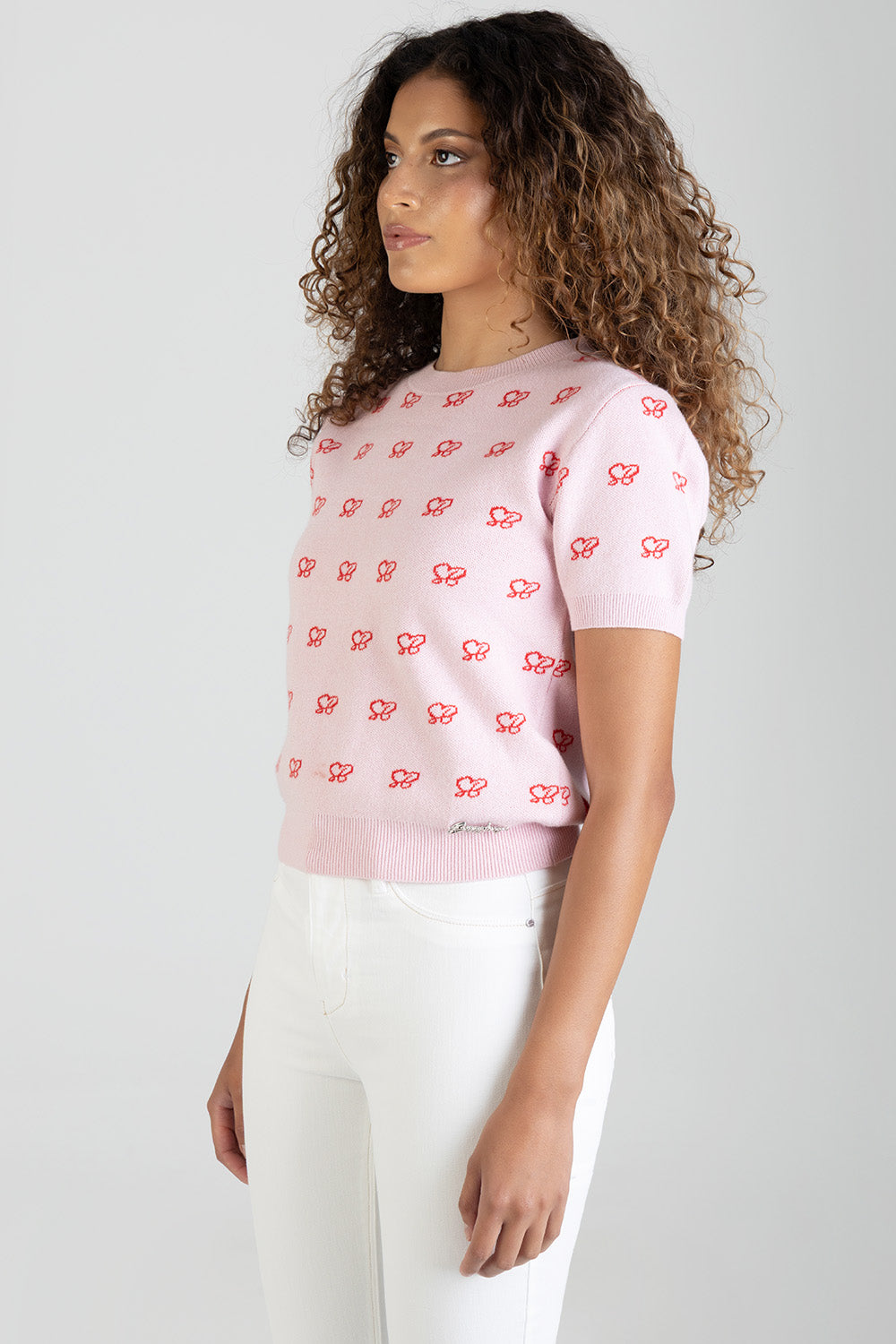 Stolen Hearts Short Sleeve Knitwear Top With Logo - Pink
