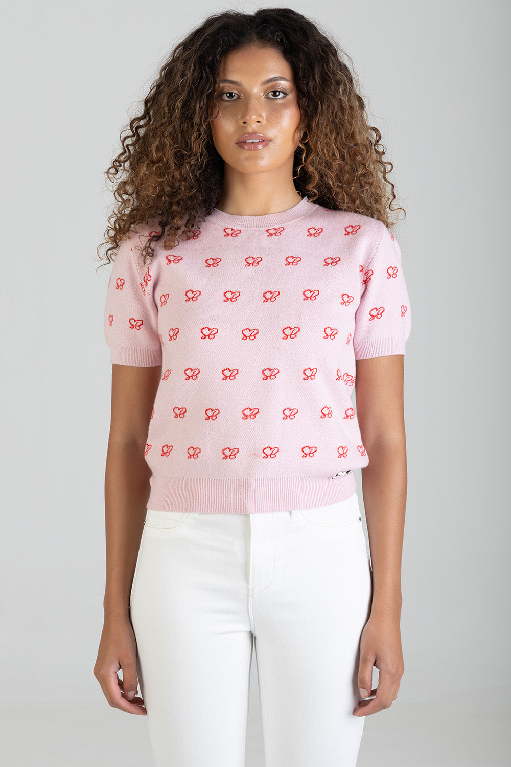Stolen Hearts Short Sleeve Knitwear Top With Logo - Pink