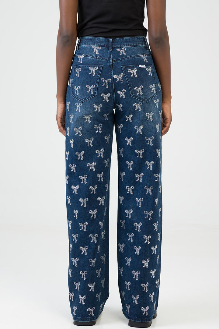 Nyla High Waist Wide Leg With Bling Bow Transfers - Dark Wash