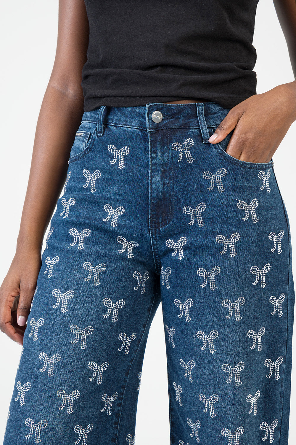 Nyla High Waist Wide Leg With Bling Bow Transfers - Dark Wash
