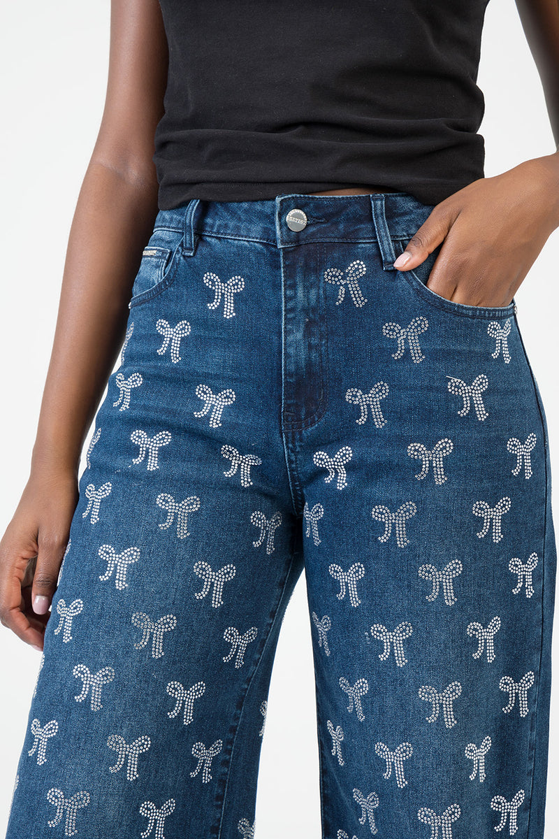 Nyla High Waist Wide Leg With Bling Bow Transfers - Dark Wash