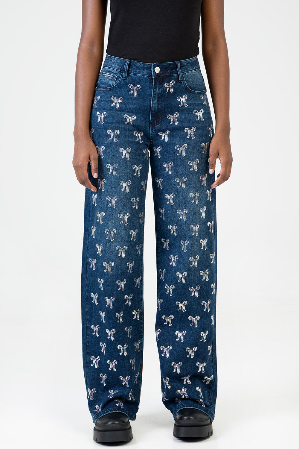 Nyla High Waist Wide Leg With Bling Bow Transfers - Dark Wash