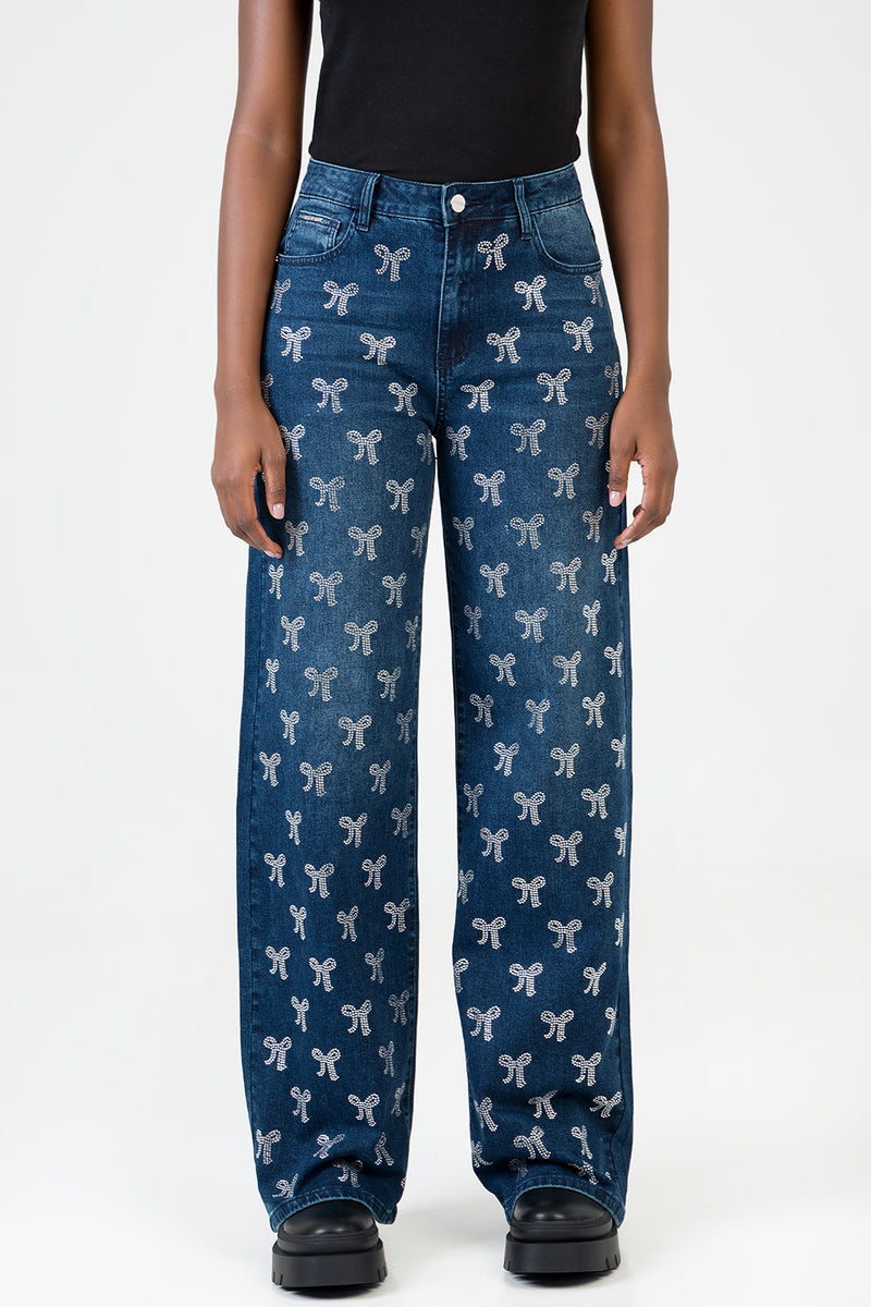 Nyla High Waist Wide Leg With Bling Bow Transfers - Dark Wash
