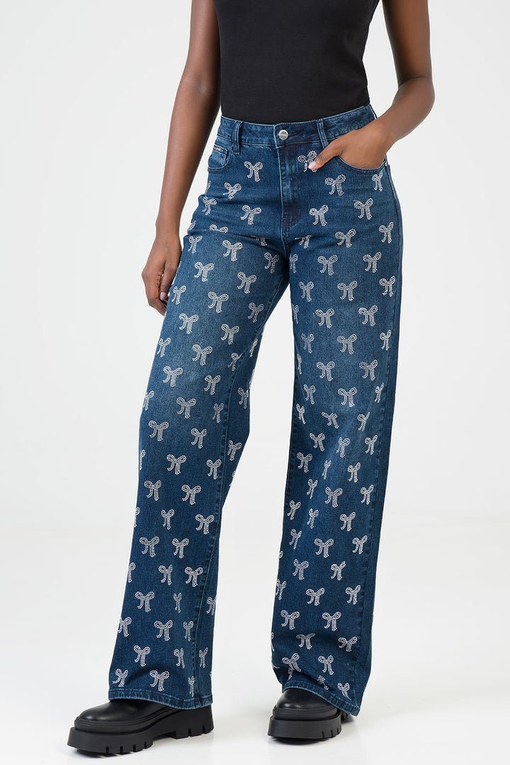 Nyla High Waist Wide Leg With Bling Bow Transfers - Dark Wash