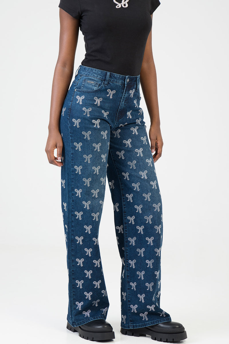 Nyla High Waist Wide Leg With Bling Bow Transfers - Dark Wash