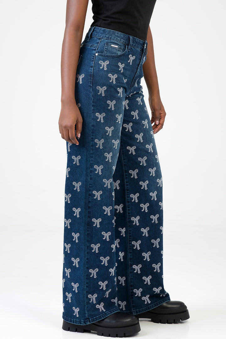 Nyla High Waist Wide Leg With Bling Bow Transfers - Dark Wash