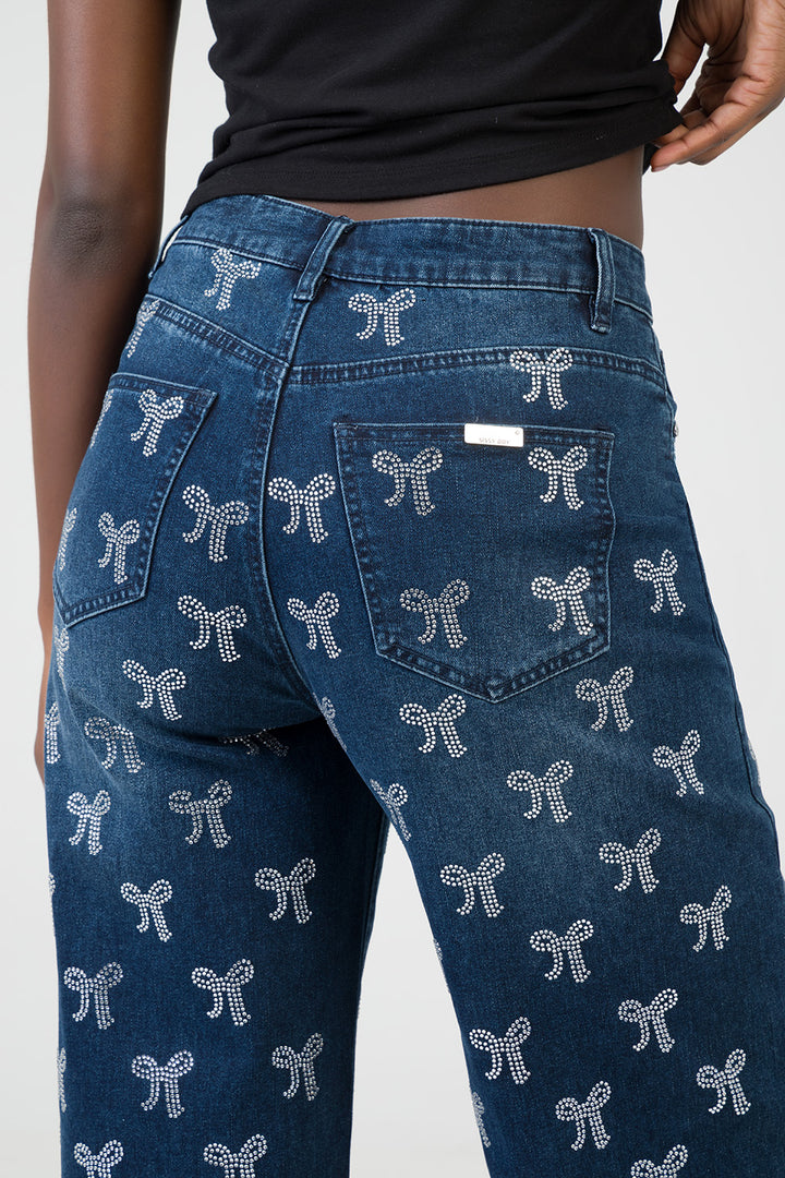 Nyla High Waist Wide Leg With Bling Bow Transfers - Dark Wash