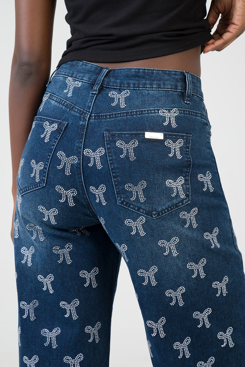 Nyla High Waist Wide Leg With Bling Bow Transfers - Dark Wash